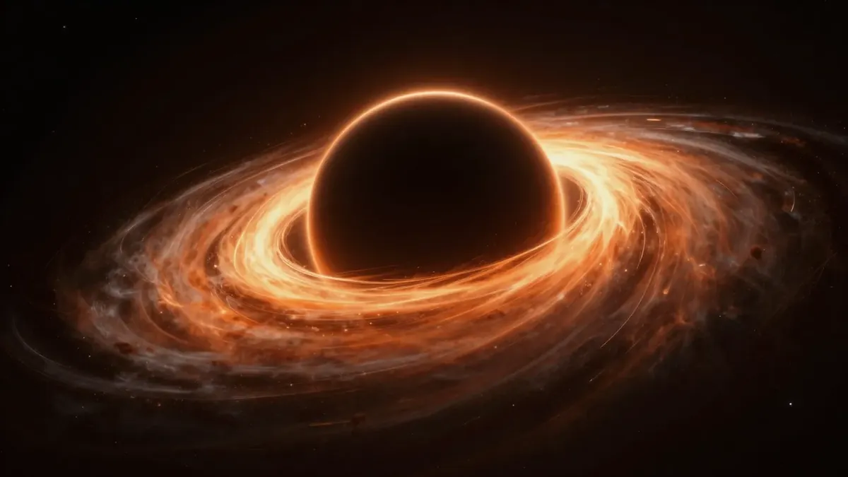 Illustration of a black hole with a glowing orange accretion disk in deep space