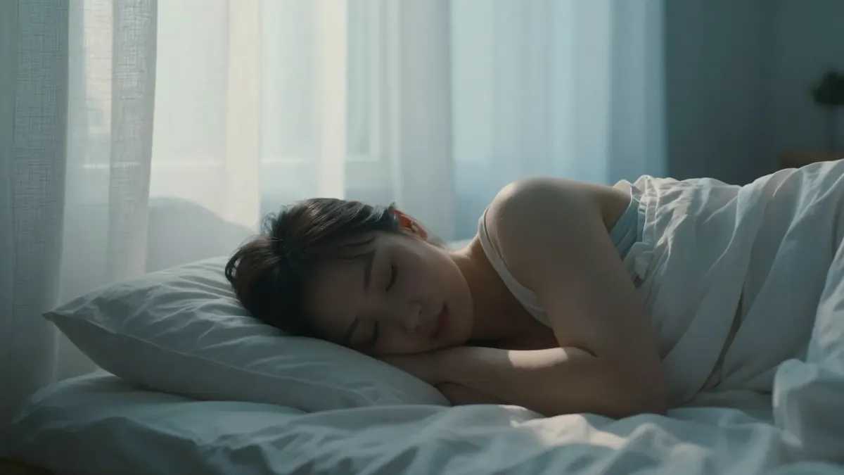 Person sleeping peacefully in a cozy bed with soft morning light through curtains