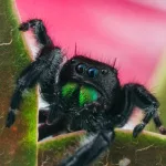 Black Jumping Spider On Green Leaf In Macro Photography